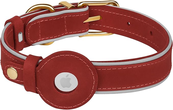 OOPSDOGGY Reflective Geniune Leather Airtag Dog Collar Soft Padded Collars for Small Medium Large Breed Dogs Puppy, 4 Sizes, 7 Colors (Red, Small, 9"-12")-Mewly Pet