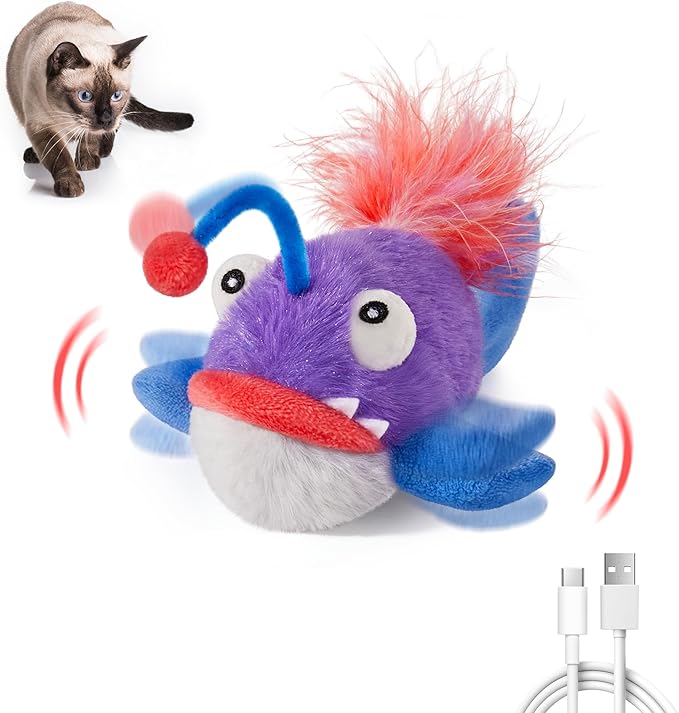 Potaroma Cat Toys Flapping Fish, Interactive Realistic Anglerfish Toy Stuffed with Catnip and Crinkle Paper Hangable Design for Bored Indoor Kittens 5.5 Inches-Mewly Pet
