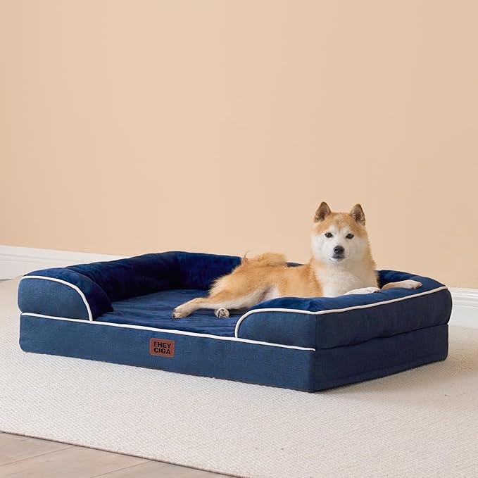 EHEYCIGA Orthopedic Dog Bed for Medium Dogs, Waterproof Memory Foam Medium Dog Beds with Sides, Non-Slip Bottom and Egg-Crate Foam Pet Couch Bed with Washable Removable Cover, Navy-Mewly Pet