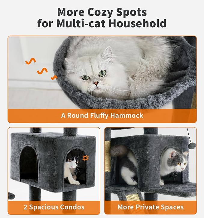Made4Pets Tall Cat Tree, 80" Cat Tree Tower for Indoor Cats Large Adult, Modern Cat Tower with Scratching Post, Cozy Hammock, 3 Perches and 2 Condos, Sturdy and Fluffy, Dark Gray-Mewly Pet