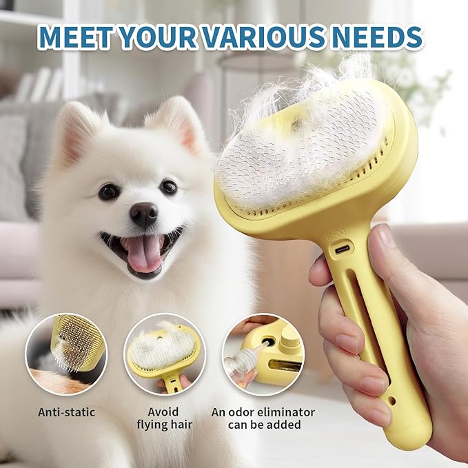 3 In 1 Self-Cleaning Steamy Brush for Pet Grooming - Anti-Static Flying Hair Spray, Removes Loose Hair and Reduces Shedding for Long and Short Fur, Yellow-Mewly Pet