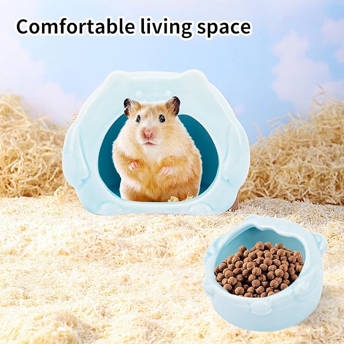 Bear-Shaped Hamster Hideout & Food Bowl Set - Ceramic Habitat for Syrian Dwarf Hamsters, Mice, Gerbils - All-Season Use, Chew-Proof Ceramic House and Feeding Dish for Small Pets(Blue)-Mewly Pet