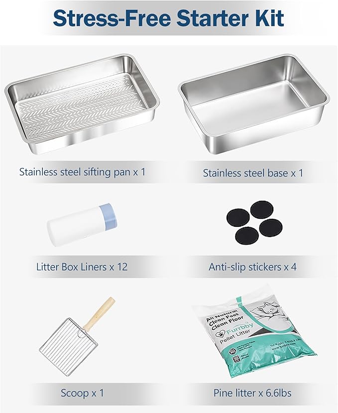 Stainless Steel Sifting Litter Box with Lid, Metal Litter Pan with Scoop for Big Cats Multi Cat, Extra Large Cats Litterbox Odor Control Easy Clean (24 * 16 * 12inch-Side Entry, X-Large)-Mewly Pet