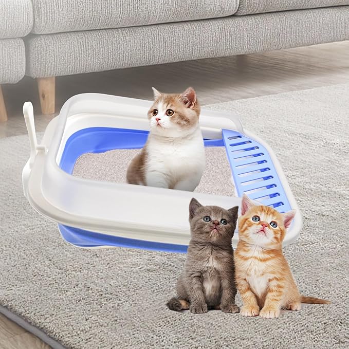 High Sided Cat Litter Box, Anti-Splashing Low Entry Cats Litter Pan with Scoop Collapsible Foldable Shallow Kitten Potty Toilet Waterproof Cat Travel Litterbox Semi-Enclosed Easy Clean(Blue)-Mewly Pet