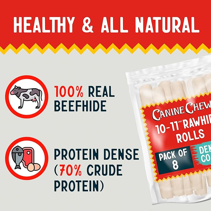 Canine Chews 10-11" Dental Coated Jumbo Rawhide Retriever Rolls (8 Pack) - Breath Freshening & Long Lasting Dental Chews for Dogs Large Size - Teeth Cleaning Dog Treats for Aggressive Chewers-Mewly Pet