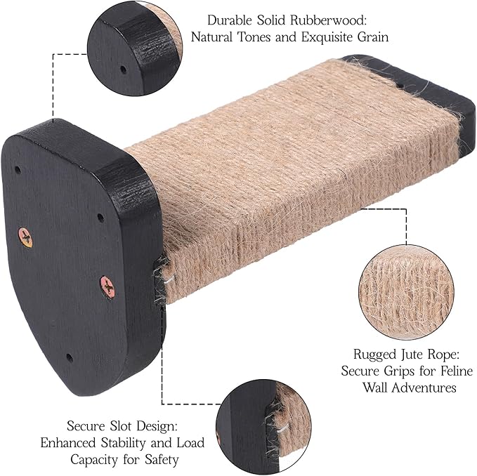 3-in-1 Cat Wall Steps - Climbing Wall Furniture & Shelves with Hemp Rope, Solid Wood Cat Ladder (Standard-Black)-Mewly Pet