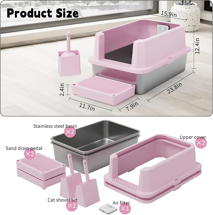 RIZZARI Stainless Steel Cat Litter Box, Semi-Closed Litter Box with High Edges, Large Odorless Litter Pan with for Small to Large Cats (Pink with Deodorizer, 2 Pack)-Mewly Pet