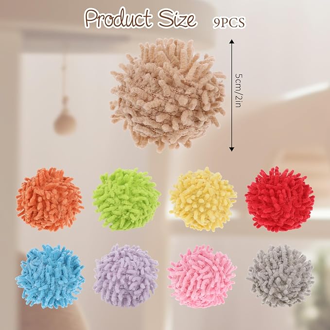 9Pcs Cat Pom Pom Balls, Cats Ball Toys with Bells, 2 inches Soft Cat Balls Toy for Indoor, Assorted Color Yarn Puffs Ball for Cats, Kitten Chasing Toys for Kitty, Pet Interactive Play(Multi-Color)-Mewly Pet