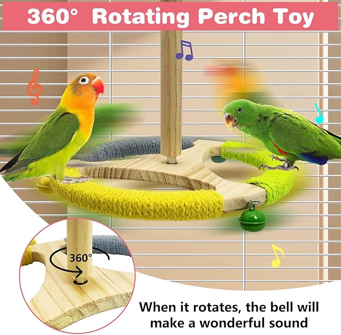 PINVNBY Hanging Bird Stand Perch Toy Wooden Spinning Parrot Perch with Cotton Rope and Bell Interactive Cockatiel Toy Bird Cage Accessories for Parakeets Conures Budgies Finches Lovebirds-Mewly Pet