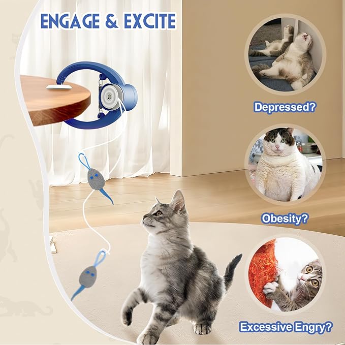 Cat Toy Interactive for Indoor Cats, Smart USB Rechargeable Door Hanging Automatic Retractable Kitten Toys, Teaser Electronic Self Play Feather Cat String Toys Attached with 3 Catnip Mice Blue-Mewly Pet