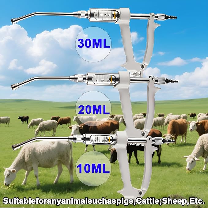 20ML Veterinary Metal Feeding Gun, Continuous Drench Gun Dosing Device Veterinary Adjustable Medicine Dispenser Husbandry Autonomous Feeding Tool, for Pig Cow, Sheep, Horse (White Color, 20ML+Kettle)-Mewly Pet