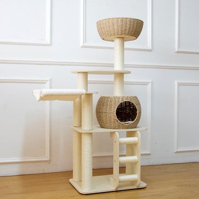 54 Inch Cat Tree for Indoor Cats, Tall Wooden Cat Tower with Scratching Posts, Rattan Condo and Perch, Multi-Level Cat Climber, Stylish Pet Furniture-Mewly Pet