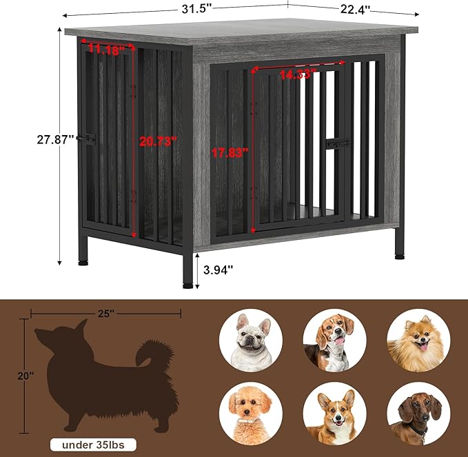 EasyCom 31.5" Small Dog Crate Furniture, Chew-Resistant Dog Crates for Small and Medium Dogs, Dog Kennel Furniture Indoor with 2 Doors and 3.94" Raised Feet, as TV Stand, End Table, Crate Table-Mewly Pet
