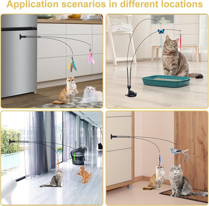 Cat Feather Toys, 14PCS With 2 Slots Super Suction Cup, Detachable 2PCS Wand & 11PCS Replacement Teaser Refills With Bell, Interactive Toy for Indoor Cats Kitten Play Exercise-Mewly Pet