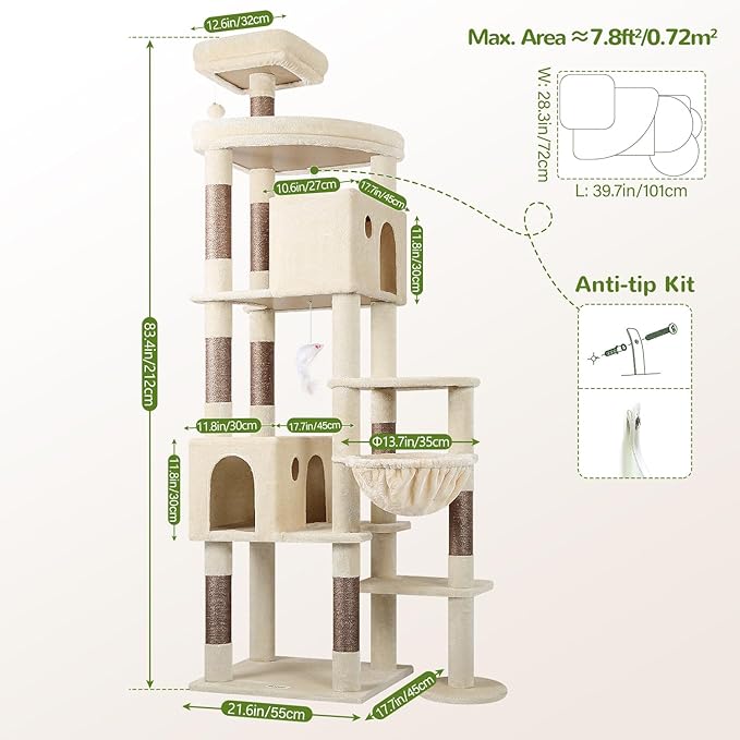 Globlazer Giant Cat Tree, 83 inch Cat Tree for Indoor Cats Large Adult, XXL Cat Tower with 9 Scratching Posts for 20lb+ Heavy Duty Large Adult Cats, F83, Beige-Mewly Pet