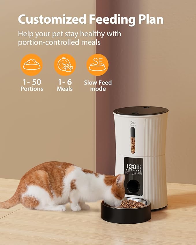 Petory Timed Automatic Cat Feeders - 4L Programable Dry Food Dispenser for Cats and Small Medium Dogs 6 Meals with Desiccant Bag Dual Power Supply 10S Voice Recorder-Mewly Pet