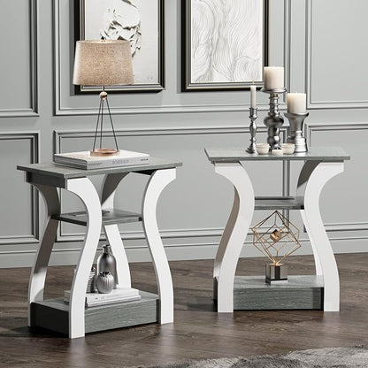 End Tables Living Room Set of 2,Grey End Table with Charging Station,Grey Side Table, Nightstand for Bedroom, 3 Tier End Table with Storage Shelf for Living Room