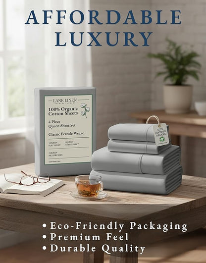 LANE LINEN 100% Organic Cotton Mercerized Queen Sheets, Soft & Comfy Naturally Cooling Cotton Sheets Queen Size Set, Classic Percale Weave Low Pill Fade Resistant Queen Bed Sheets- Silver