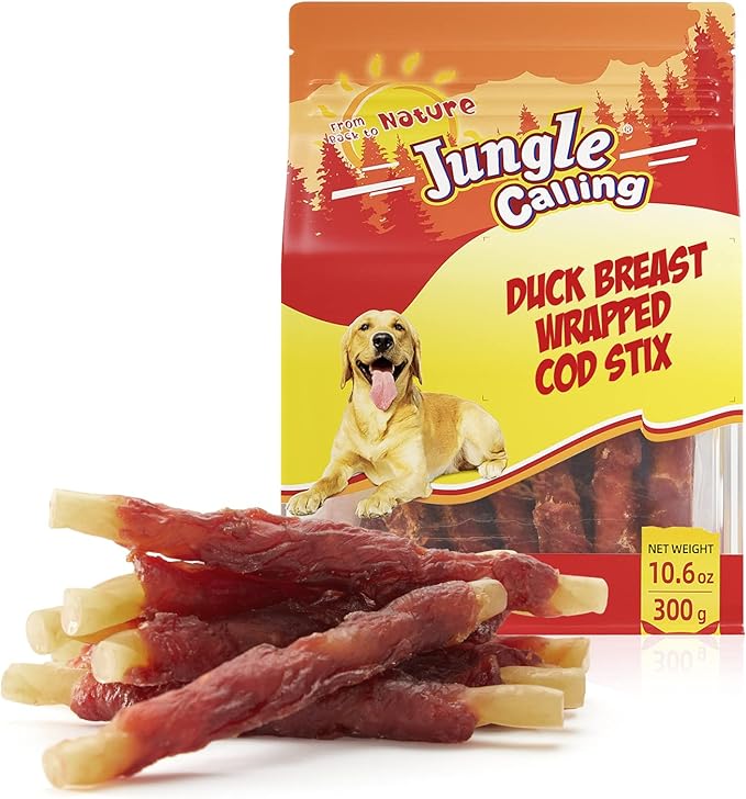 Jungle Calling Duck Wrapped Cod Sticks Dog Treats, Rawhide Free Training Rewards Snacks for Dogs, Natural Chewy Sticks Treats, 10.6oz-Mewly Pet