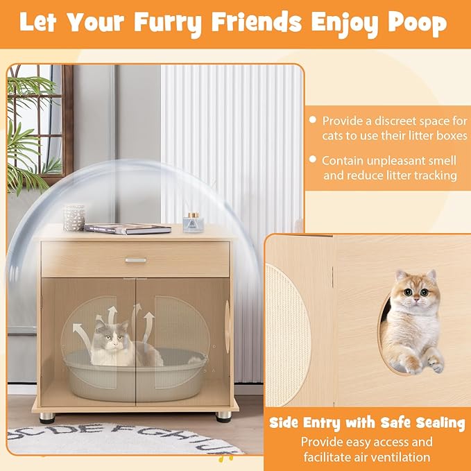 Tangkula Litter Box Enclosure, Hidden Cat Washroom with Drawer, Sisal Scratching Doors, Adjustable Metal Feet, Modern Cat Litter Cabinet Storage Bench, Double Enclosed Litter Box Furniture-Mewly Pet