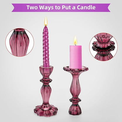 Glass Candle Holders, 2PCS Wide Base Candlestick Holder Decorative Candle Stand Table Centerpieces for Halloween Christmas Wedding Birthday Party, Dark Purple