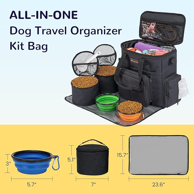 Modoker Dog Travel Bag with 2 Collapsible Dog Bowls, 1 Dog Backpack, Airline Approved Pet Travel BagOrganizer for Supplies & Accessories, 2 Travel Dog Food Container, Black-Mewly Pet