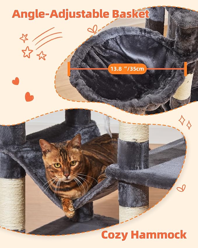 Taoqimiao Cat Tree, 66.2-Inch Cat Tower for Indoor Cats, Plush Multi-Level Cat Condo with 7 Scratching Posts, 2 Perches, 2 Caves, Hammock, 2 Pompoms, Smoky Gray MS013G-Mewly Pet