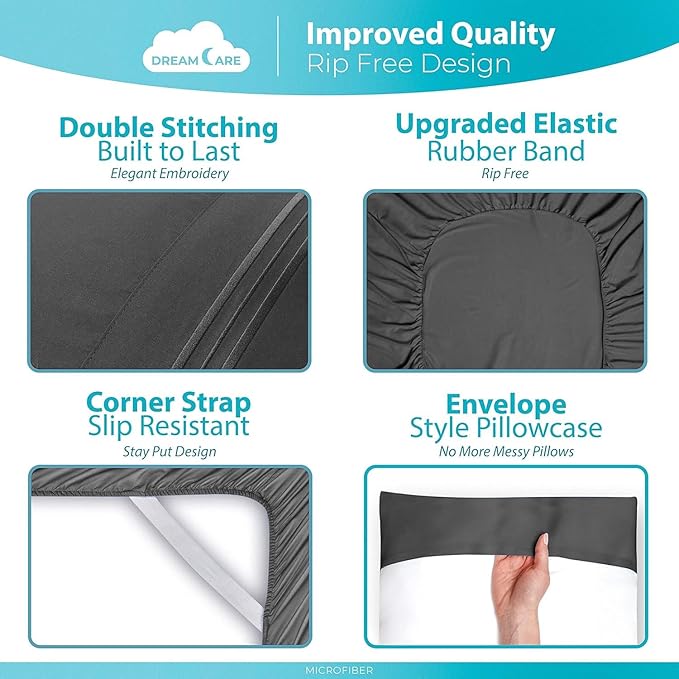 DREAMCARE Twin XL Sheet Sets – 3pcs Cooling Sheets – up to 15” Deep Pocket Twin XL Sheets Set – Hotel Luxury Sheets & Pillowcases – Superior Softness 100% Fine Microfiber with Side Pocket – Dark Gray