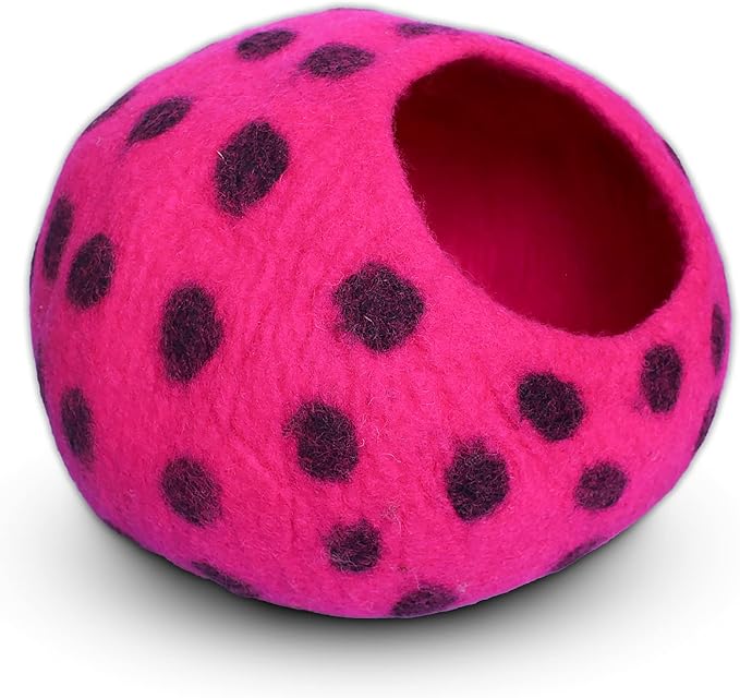 Woolygon Premium Felt Cat Cave Bed - Polka Dot Series - Wool Kitty Beds Handcrafted Kitten Caves Bed for Indoor Cats - Eco-Friendly Merino Wool, Foldable Cat Hideaway Cat Houses (Pink/Black Dots)-Mewly Pet