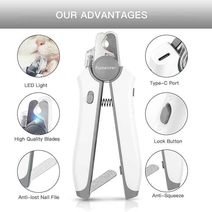 Type-C Rechargeable Dog & Cat Nail Clippers - LED Pet Nail Trimmer with Built-in Nail File, Extra Sharp Blades for Small & Medium Dogs, Indoor Cats (White-Gray)-Mewly Pet
