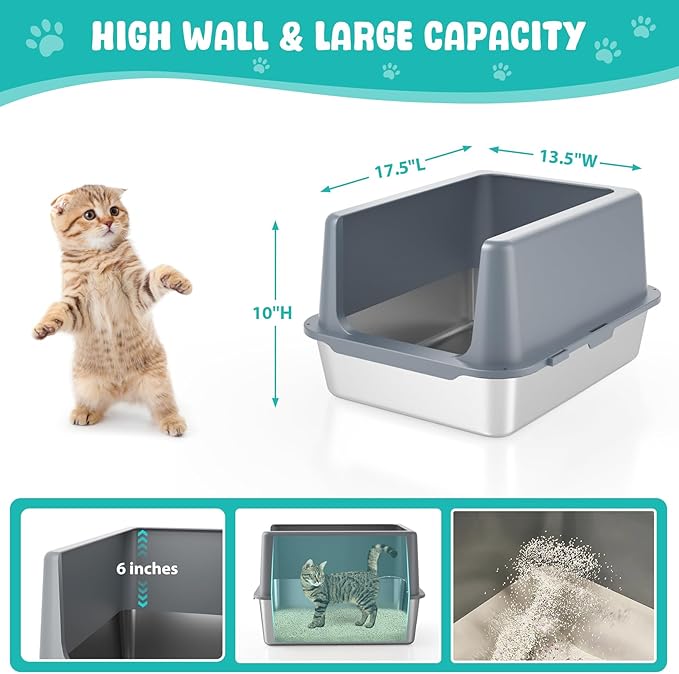Litter Box with Lid, Stainless Steel Litter Box, 10" Metal Litter Tray High Sides, Small Litter Pan for Kittens, Enclosed Cat Litter Pan, Non-Sticky Covered Grey, Easy Clean-Mewly Pet