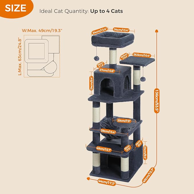 PAWZ Road Cat Tree, 53.5 Inches Tall Cat Tower with Spacious Hammocks, Condos and Scratching Posts, Cat House with Dual Padded Perches for Indoor Large Cats-Dark Gray-Mewly Pet