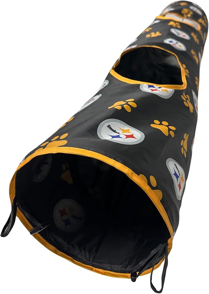 NFL Pittsburgh Steelers Cat Tunnel Tube Toy with Plush Football Catnip and Feathers Collapsible Tunnel for Cats to Play, Peek and Hide, Sporty & Fun Cat Tunnel Toy with Team Logo All-Over Design!-Mewly Pet