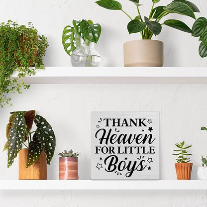 Baby Boy Nursery Decorative Wooden Box Sign Thank Heaven for Little Boys Wood Block Plaque Decor Farmhouse Home Nursery Shelf or Wall Display 5x5 Inches