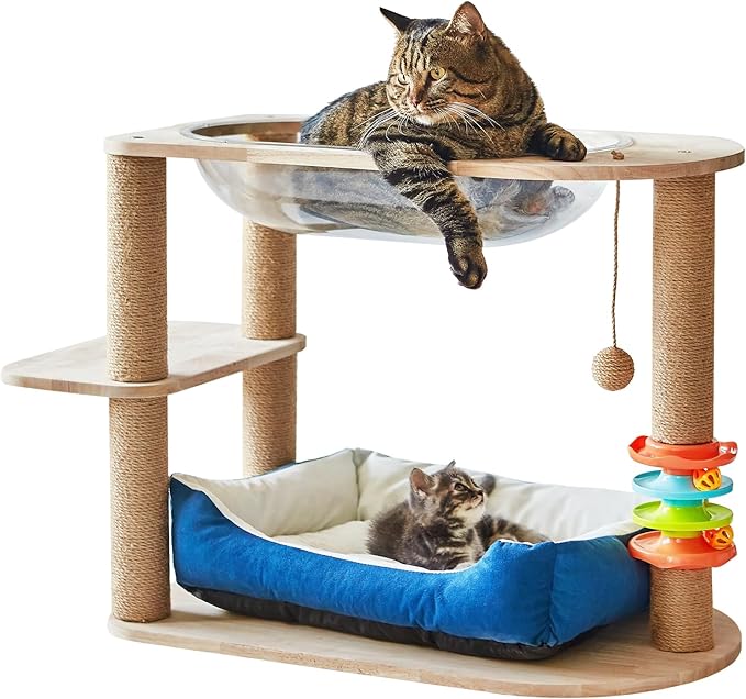 2 Tier Cat Tower,21.85 in cat Perch Wood cat condo with Hammock and Sisal Rope Scratcher Post Hanging Toy Balls for Indoor Large Cats Kittens (Blue)-Mewly Pet