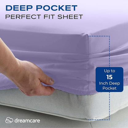 DREAMCARE Full Size Sheets Set - 4 Pcs Cooling Bed Sheets with Up to 15" Deep Pockets - Soft, Long-Lasting 100% Brushed Polyester with Side Pocket (Lavender)