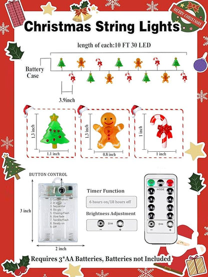Christmas String Lights Decoration, 10ft 30LED Christmas Tree Gingerbread Man Candy Cane Fairy Lights Battery Operated with Remote, 8 Modes & Timer, Twinkle Light for Home Party Indoor Outdoor Decor