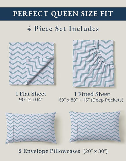 LANE LINEN 100% Organic Cotton Sheets Queen, 15" Deep Pocket Queen Sheets Fits Upto 15" Mattress, Soft & Comfy Fade Resistant Printed Sheet Set - Cool Blue Chevron