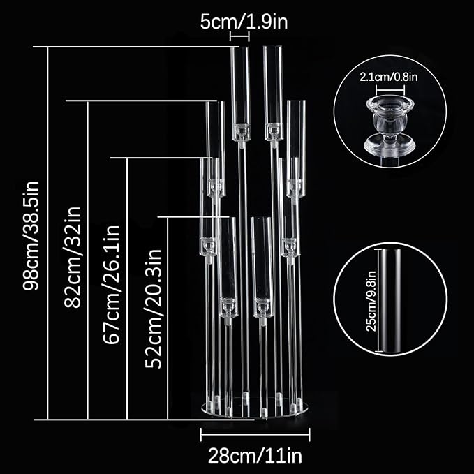 VINCIGANT 8 Arms Clear Candlesticks Holder for Wedding Decorations,Tall Arcylic Candelabra Candle Holder with Shade for Valentines Day Events Party Table Centerpiece,Fit LED Candles