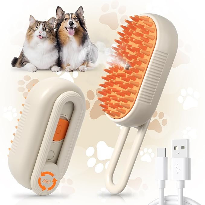 Pet Steam Brush, Rechargeable Cat Steam Brush for Shedding, 2025 New & 4 in 1 Pet Spray Hair Removal Comb with Anti-Static,Massage, Cleaning, Shedding & Combing All In One! (Khaki)-Mewly Pet