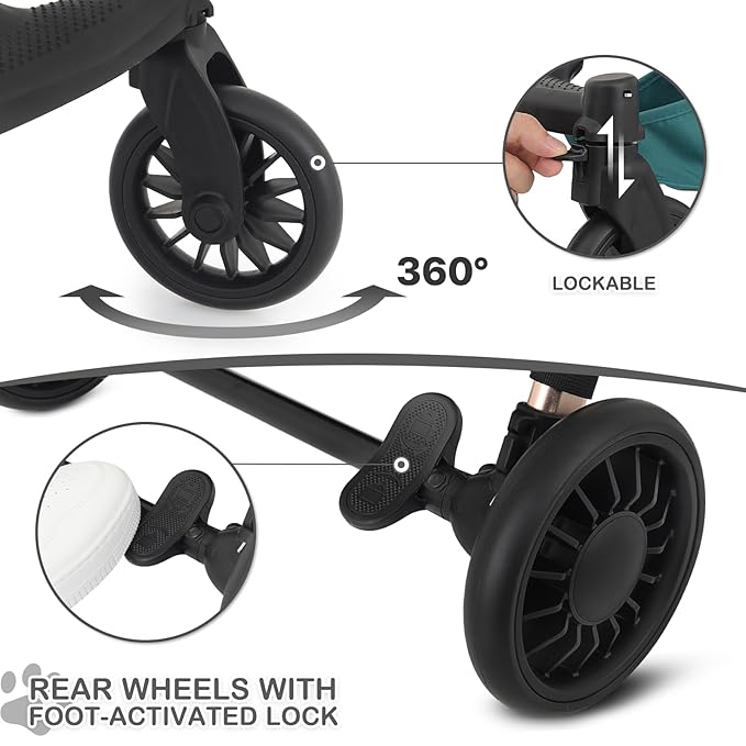 MoNiBloom 3 in 1 Pet Stroller with Adjustable Handle, Jogging Stroller w/Detachable Carrier & Lightweight Aluminum Frame for Dogs Cats, Hunter Green-Mewly Pet