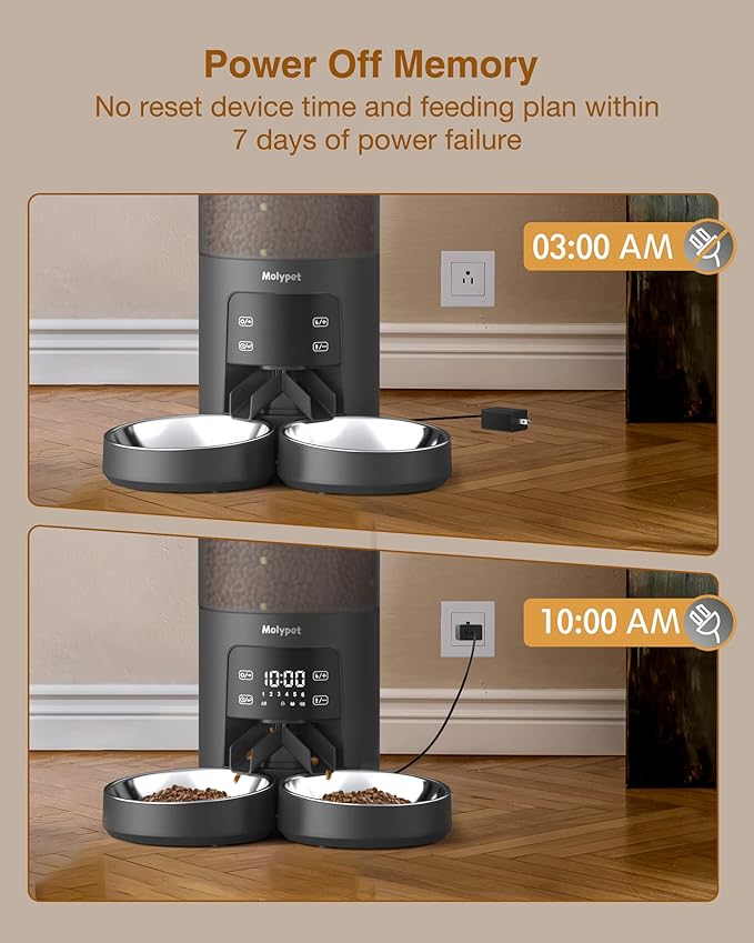 Automatic Cat Feeders - 6L Cat Food Dispenser with Double Bowls, Programmable Timed Feeder for Up to 6 Meals per Day with 10S Voice Recorder, Supports Dual Power Supply-Mewly Pet