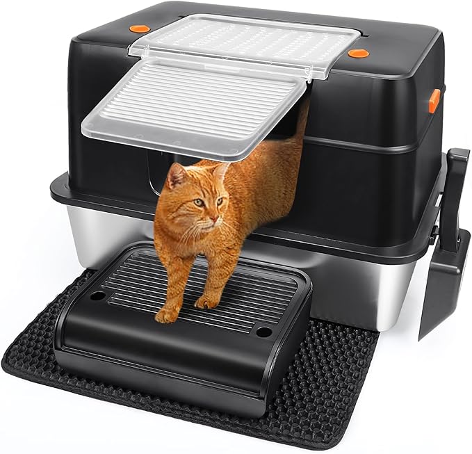 Vivifying Stainless Steel Litter Box, XL Side Entry Extra Large Litter Box with Lid for Big Cats & Kitty, Removable Enclosed Metal Cat Pan with High Sided Enclosure, Scoop, Mat, Footboard (Black)-Mewly Pet