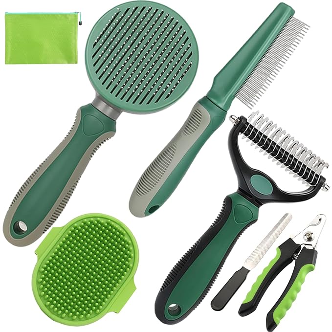 Pet Grooming Kit - 7 PCS Green Deshedding Brush Set with Undercoat Rake, Slicker Brush, Bath Brush & Nail Clipper for Short & Long-Haired Dogs and Cats-Mewly Pet