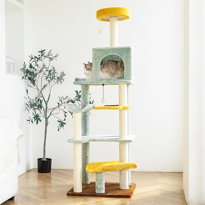 HYABi 65.5 Inch Sunflower Cat Tree Tower Multi-Level Cat Condo with Plush Scratching Posts, Toy Balls, and Pet House, Indoor Play Platform for Large Adult Cats, Cute Sunflower Design-Mewly Pet