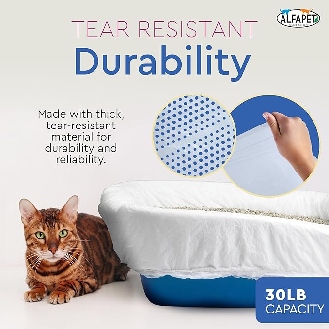 Alfapet Sifting Cat Litter Box Liners - Jumbo 30 Count, Tear-Resistant Cat Litter Bags, Waterproof Kitty Litter Liners, Fits Litterbox Pan Sizes X-Large, X-Giant, 37" x 18" 30 lb Capacity-Mewly Pet