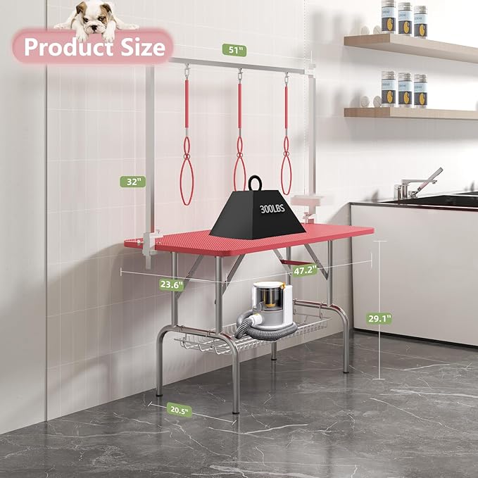 VFK 47'' Large Dog Grooming Table Stainless Steel Foldable Grooming Table for Dogs at Home Adjustable Height Arms Pet Station with Nooses, Mesh Tray, Tool Organizer-Mewly Pet