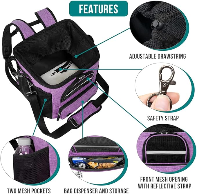 PetAmi Dog Bike Basket, Soft-Sided Ventilated Dog Bike Carrier Backpack, Pet Bicycle Basket for Bike Handlebar, Small Medium Puppy Cat Kitten Car Booster Seat with Safety Strap, Max 18 lbs, Purple-Mewly Pet