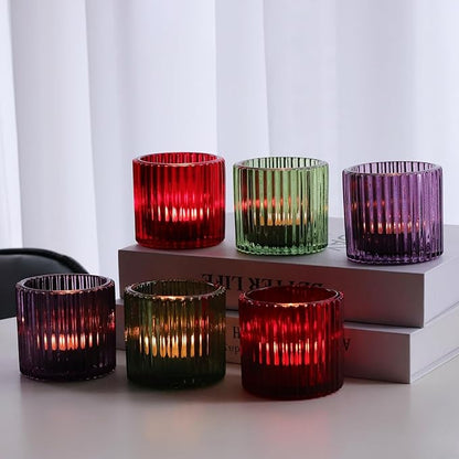 VOHO 3 Color Votive Candle Holders for Easter Decor, 6pcs Large Tealight Candle Holder for Votive Tea Lights Candles, Ribbed Tea Light Candle Holder Glass Gifts for Halloween/Thanksgiving/Christmas