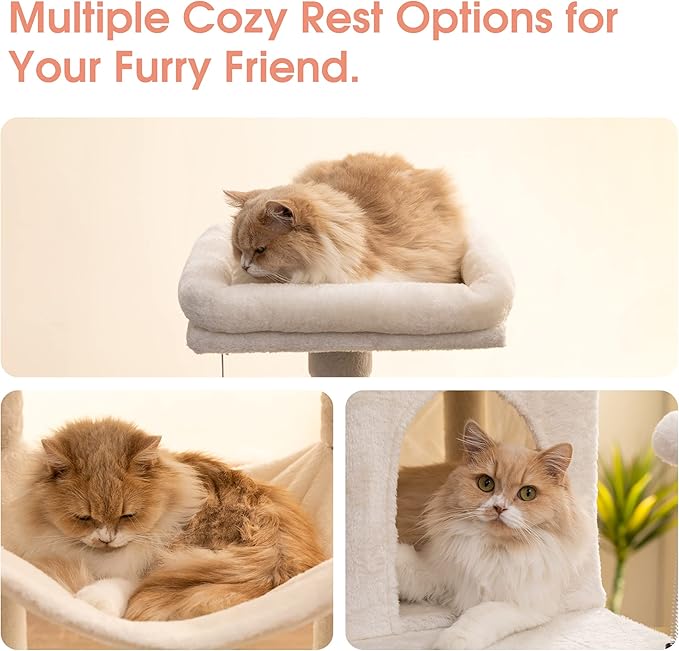 MWPO 70.1-Inch Large Cat Tree, Multi-Level Tall Cat Tower for Indoor Cats, Plush Cat Condo with Big Padded Perches, Sisal-Covered Scratching Posts, Hammock, Toys for Kittens & Cats - Beige-Mewly Pet
